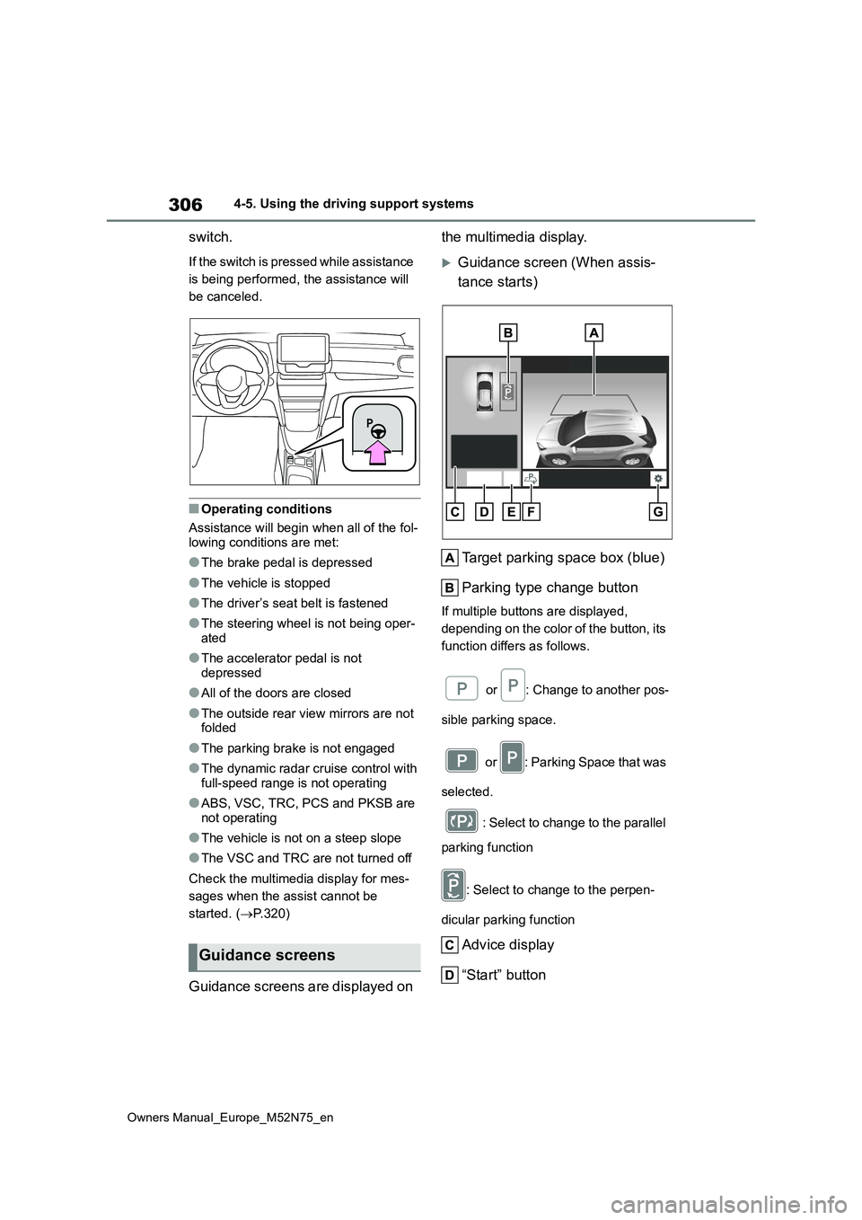 TOYOTA YARIS CROSS 2023  Owners Manual 306
Owners Manual_Europe_M52N75_en
4-5. Using the driving support systems
switch.
If the switch is pressed while assistance  
is being performed, the assistance will 
be canceled.
■Operating conditi