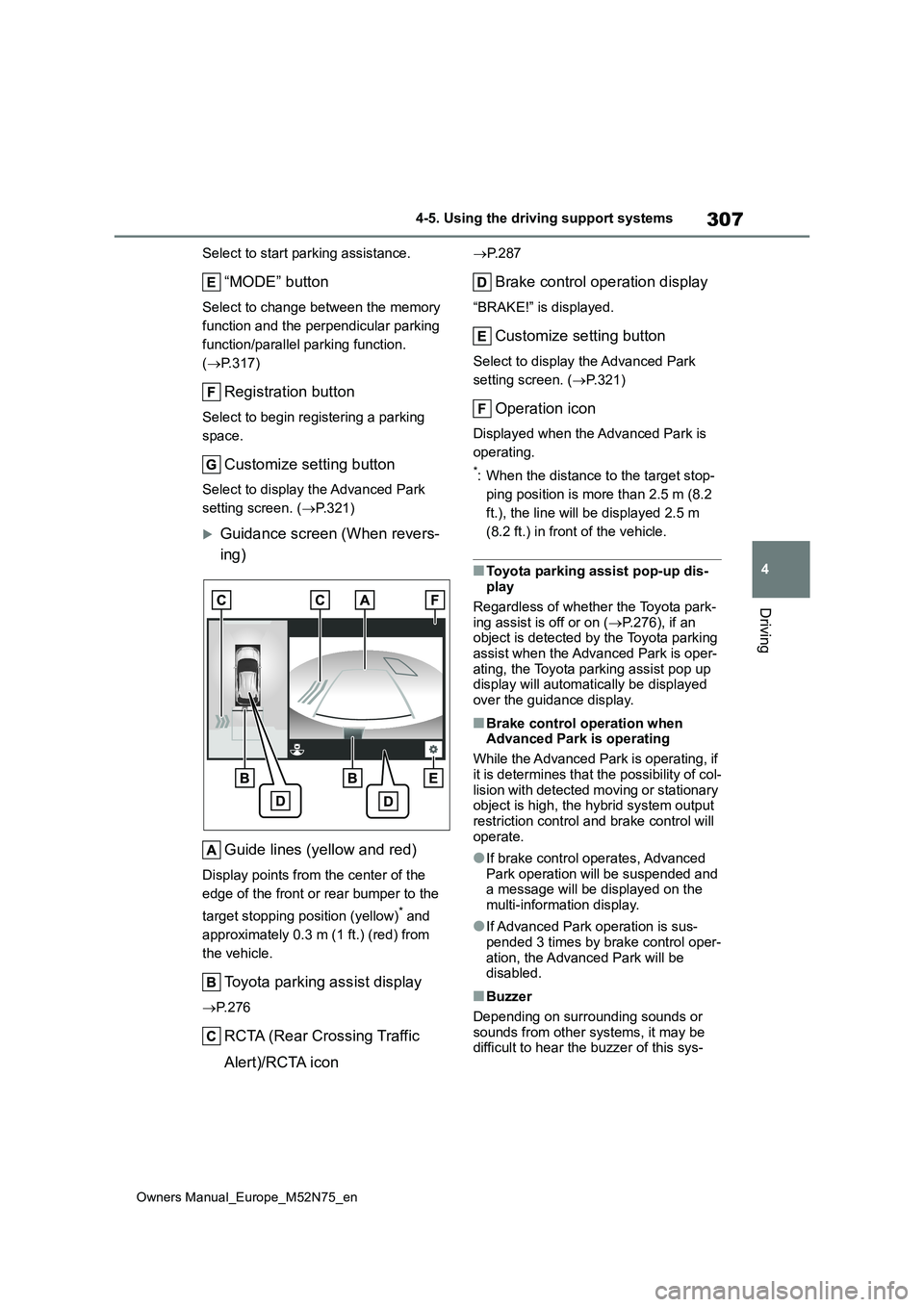 TOYOTA YARIS CROSS 2023  Owners Manual 307
4
Owners Manual_Europe_M52N75_en
4-5. Using the driving support systems
Driving
Select to start parking assistance.
“MODE” button
Select to change between the memory  
function and the perpend