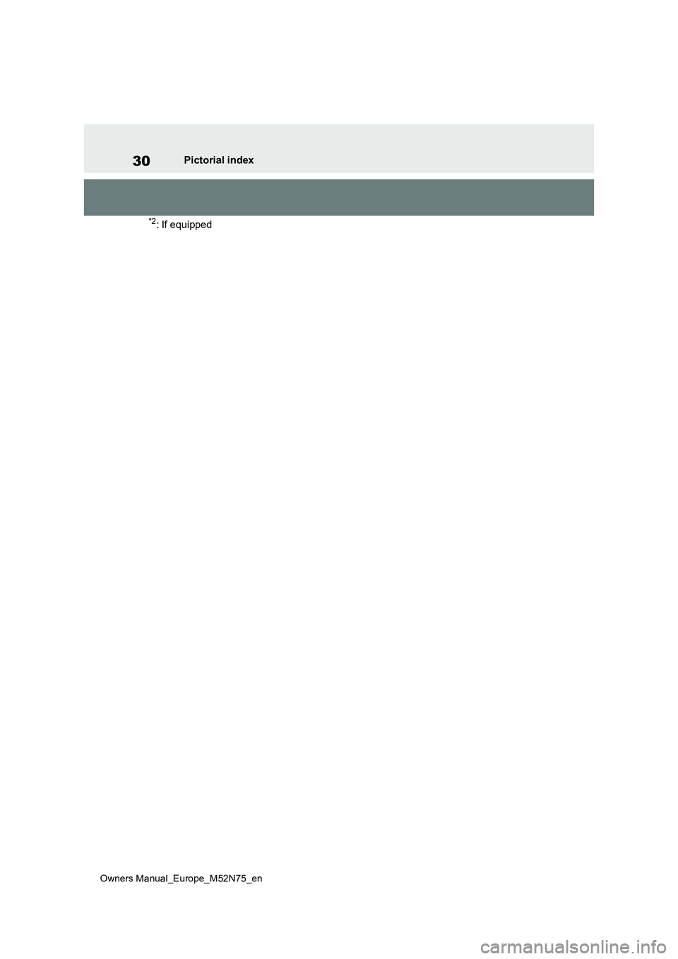 TOYOTA YARIS CROSS 2023 Owners Guide 30
Owners Manual_Europe_M52N75_en
Pictorial index
*2: If equipped TOYOTA YARIS CROSS 2023 Owners Guide 30
Owners Manual_Europe_M52N75_en
Pictorial index
*2: If equipped