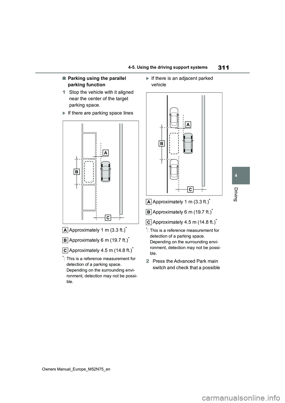 TOYOTA YARIS CROSS 2023 Owners Manual 311
4
Owners Manual_Europe_M52N75_en
4-5. Using the driving support systems
Driving
■Parking using the parallel
parking function
1 Stop the vehicle with it aligned
near the center of the target TOYOTA YARIS CROSS 2023 Owners Manual 311
4
Owners Manual_Europe_M52N75_en
4-5. Using the driving support systems
Driving
■Parking using the parallel
parking function
1 Stop the vehicle with it aligned
near the center of the target