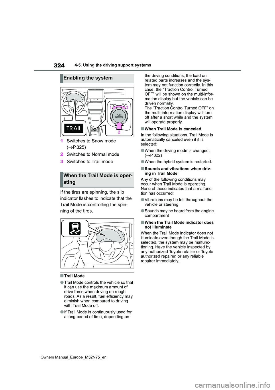TOYOTA YARIS CROSS 2023  Owners Manual 324
Owners Manual_Europe_M52N75_en
4-5. Using the driving support systems
1Switches to Snow mode  
( P.325) 
2 Switches to Normal mode 
3 Switches to Trail mode 
If the tires are spinning, the slip