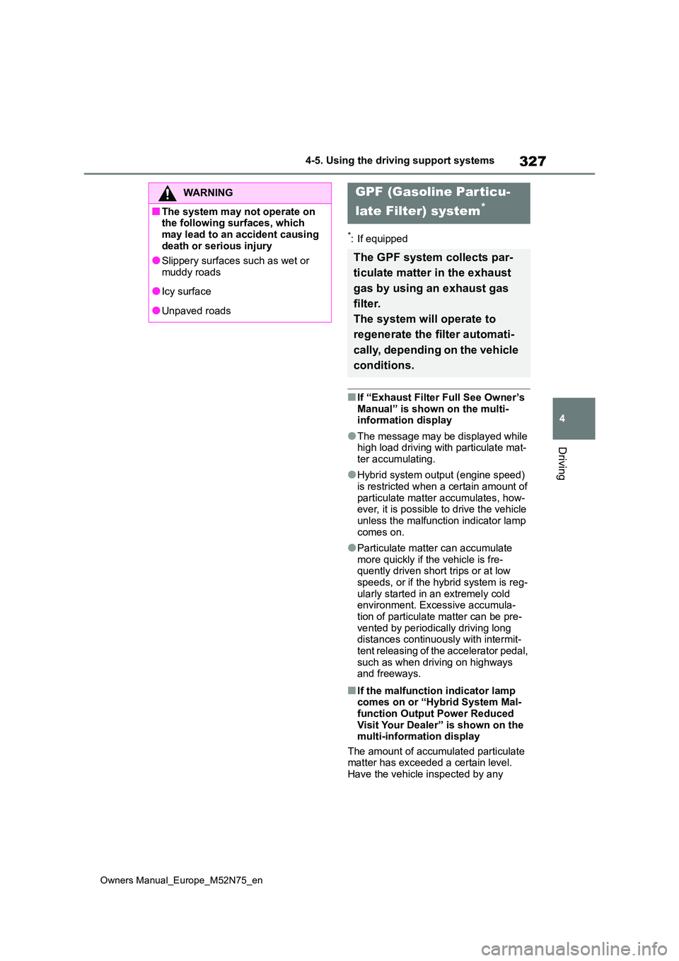 TOYOTA YARIS CROSS 2023 Owners Manual 327
4
Owners Manual_Europe_M52N75_en
4-5. Using the driving support systems
Driving
*: If equipped
■If “Exhaust Filter Full See Owner’s
Manual” is shown on the multi- information display
● TOYOTA YARIS CROSS 2023 Owners Manual 327
4
Owners Manual_Europe_M52N75_en
4-5. Using the driving support systems
Driving
*: If equipped
■If “Exhaust Filter Full See Owner’s
Manual” is shown on the multi- information display
●