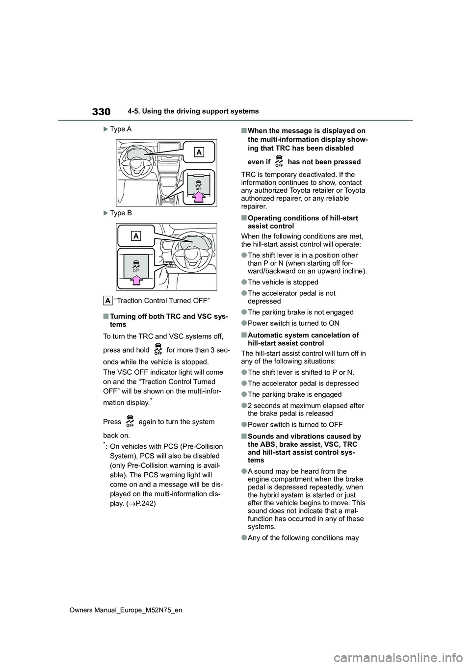 TOYOTA YARIS CROSS 2023  Owners Manual 330
Owners Manual_Europe_M52N75_en
4-5. Using the driving support systems
Typ e A
Typ e  B 
“Traction Control Turned OFF”
■Turning off both TRC and VSC sys- tems 
To turn the TRC and VSC s