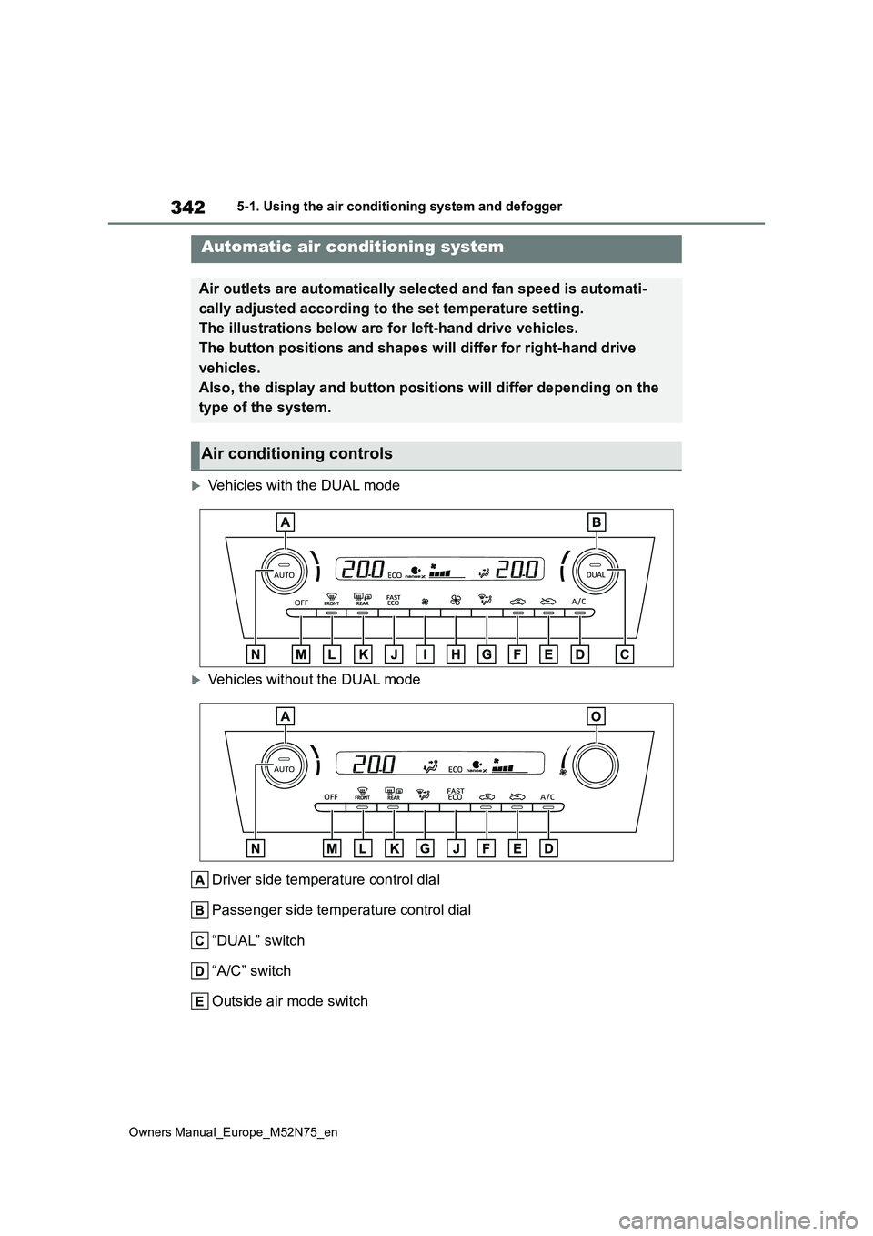 TOYOTA YARIS CROSS 2023  Owners Manual 342
Owners Manual_Europe_M52N75_en
5-1. Using the air conditioning system and defogger
5-1.Using the  a ir c onditioning sys te m and  de fog ger
Vehicles with the DUAL mode
Vehicles without the