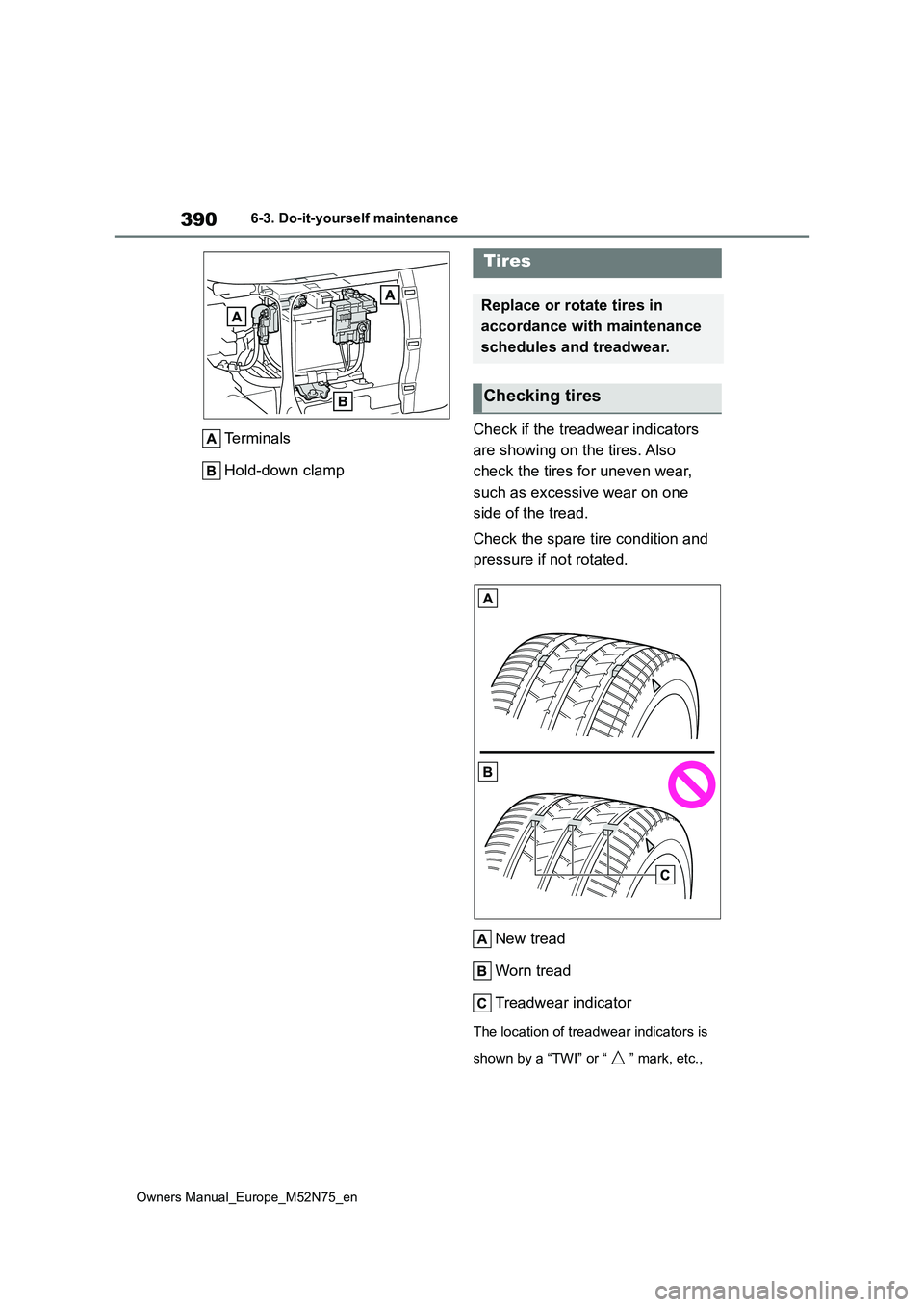 TOYOTA YARIS CROSS 2023 Owners Manual 390
Owners Manual_Europe_M52N75_en
6-3. Do-it-yourself maintenance
Terminals
Hold-down clamp
Check if the treadwear indicators
are showing on the tires. Also
check the tires for uneven wear,
s TOYOTA YARIS CROSS 2023 Owners Manual 390
Owners Manual_Europe_M52N75_en
6-3. Do-it-yourself maintenance
Terminals
Hold-down clamp
Check if the treadwear indicators
are showing on the tires. Also
check the tires for uneven wear,
s