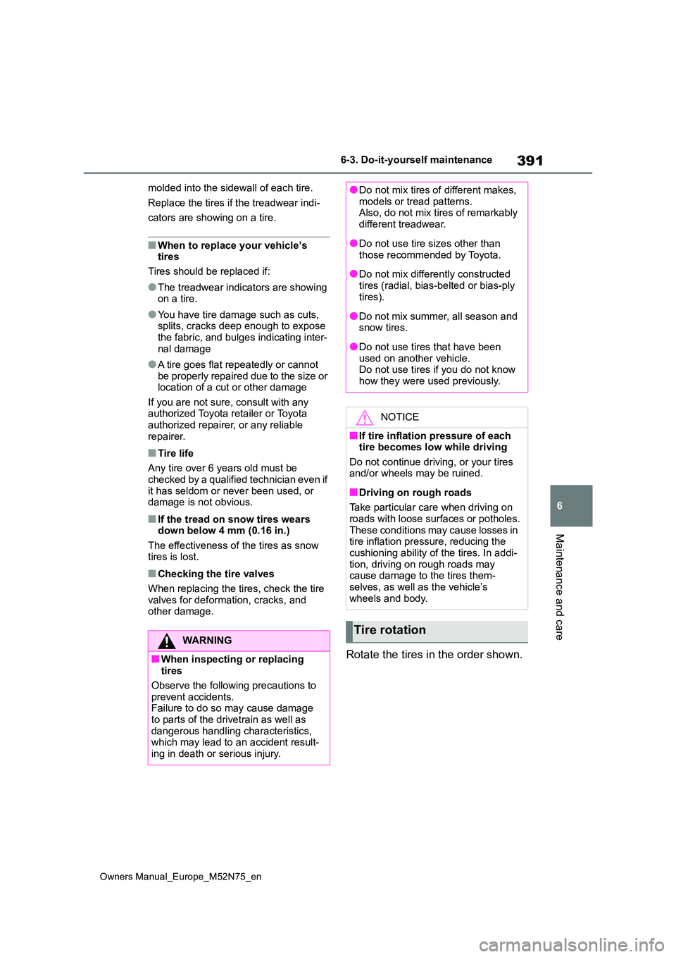 TOYOTA YARIS CROSS 2023 Owners Manual 391
6
Owners Manual_Europe_M52N75_en
6-3. Do-it-yourself maintenance
Maintenance and care
molded into the sidewall of each tire.
Replace the tires if the treadwear indi-
cators are showing on a tire TOYOTA YARIS CROSS 2023 Owners Manual 391
6
Owners Manual_Europe_M52N75_en
6-3. Do-it-yourself maintenance
Maintenance and care
molded into the sidewall of each tire.
Replace the tires if the treadwear indi-
cators are showing on a tire