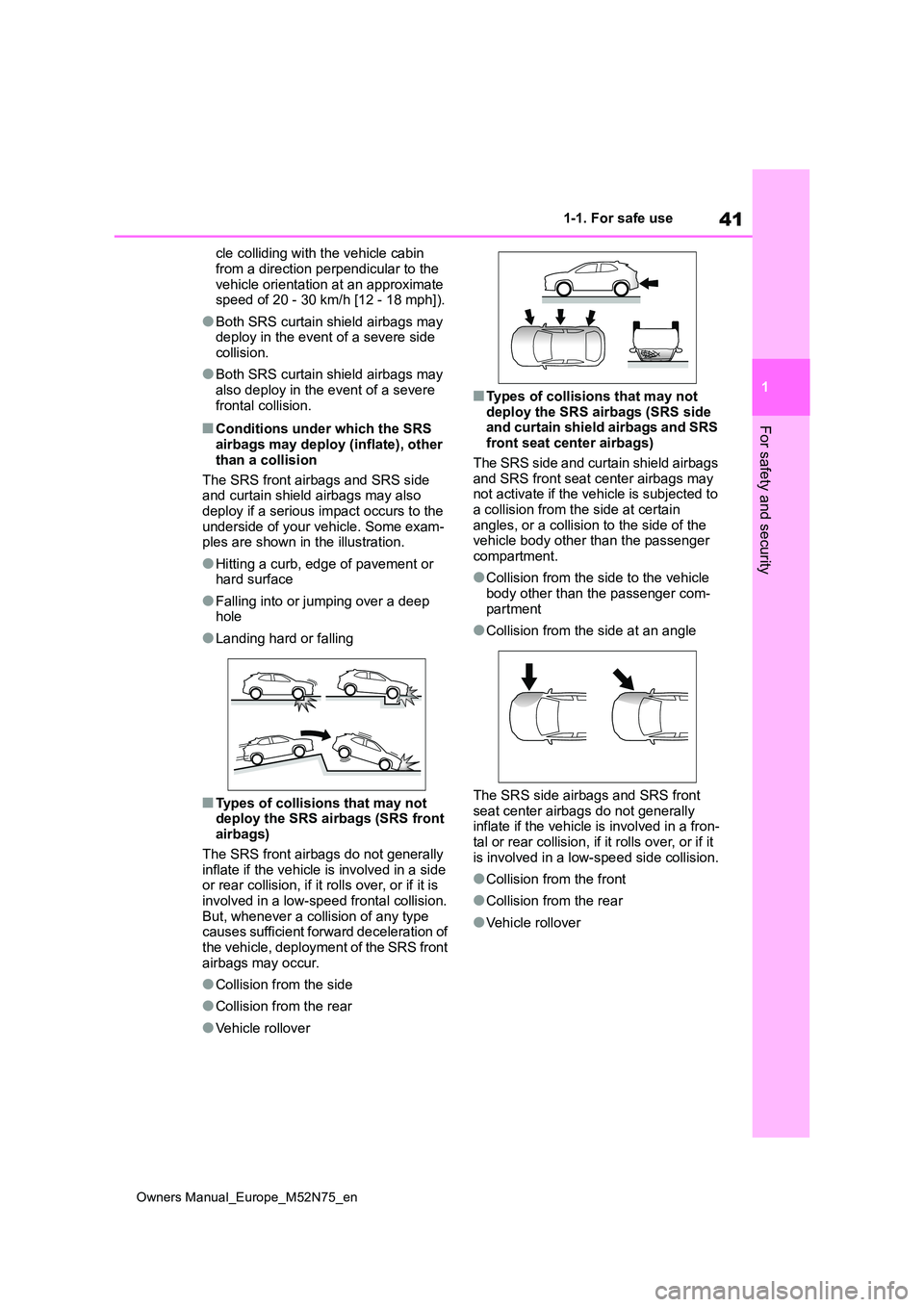 TOYOTA YARIS CROSS 2023  Owners Manual 41
1
Owners Manual_Europe_M52N75_en
1-1. For safe use
For safety and security
cle colliding with the vehicle cabin  
from a direction perpendicular to the  vehicle orientation at an approximate speed 