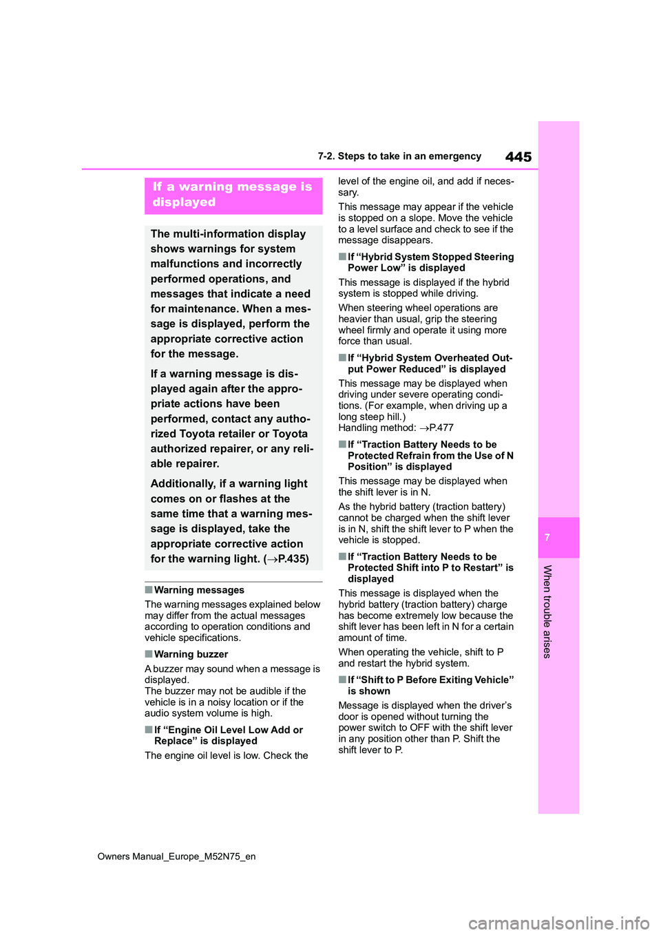 TOYOTA YARIS CROSS 2023 Owners Manual 445
7
Owners Manual_Europe_M52N75_en
7-2. Steps to take in an emergency
When trouble arises
■Warning messages
The warning messages explained below
may differ from the actual messages according t TOYOTA YARIS CROSS 2023 Owners Manual 445
7
Owners Manual_Europe_M52N75_en
7-2. Steps to take in an emergency
When trouble arises
■Warning messages
The warning messages explained below
may differ from the actual messages according t