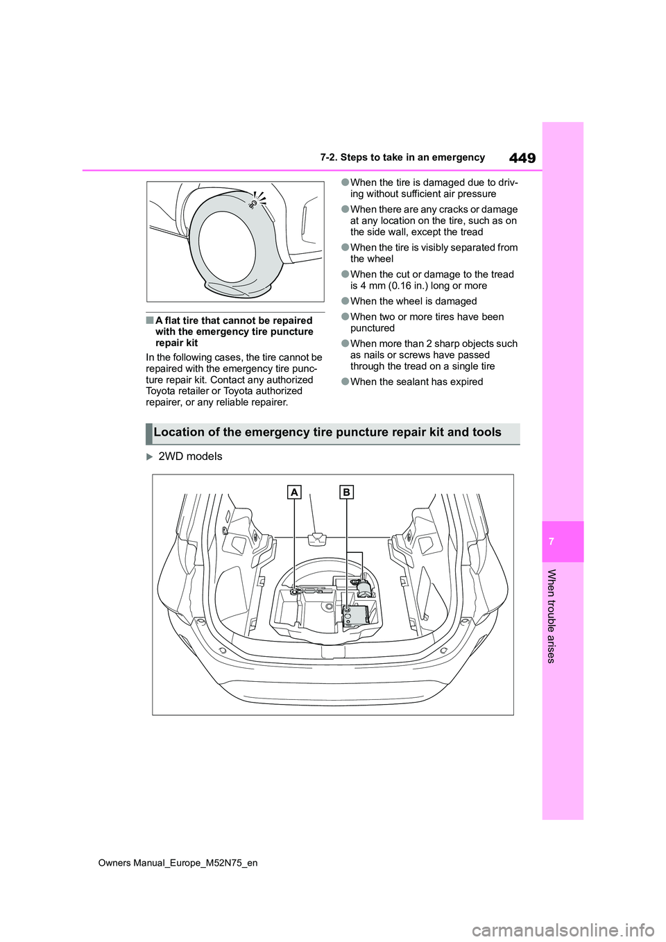 TOYOTA YARIS CROSS 2023 Owners Manual 449
7
Owners Manual_Europe_M52N75_en
7-2. Steps to take in an emergency
When trouble arises
■A flat tire that cannot be repaired with the emergency tire puncture
repair kit
In the following case TOYOTA YARIS CROSS 2023 Owners Manual 449
7
Owners Manual_Europe_M52N75_en
7-2. Steps to take in an emergency
When trouble arises
■A flat tire that cannot be repaired with the emergency tire puncture
repair kit
In the following case