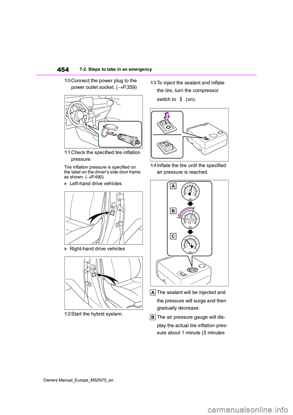 TOYOTA YARIS CROSS 2023 Service Manual 454
Owners Manual_Europe_M52N75_en
7-2. Steps to take in an emergency
10Connect the power plug to the  
power outlet socket. ( P.359) 
11 Check the specified tire inflation  
pressure.
Tire inflati