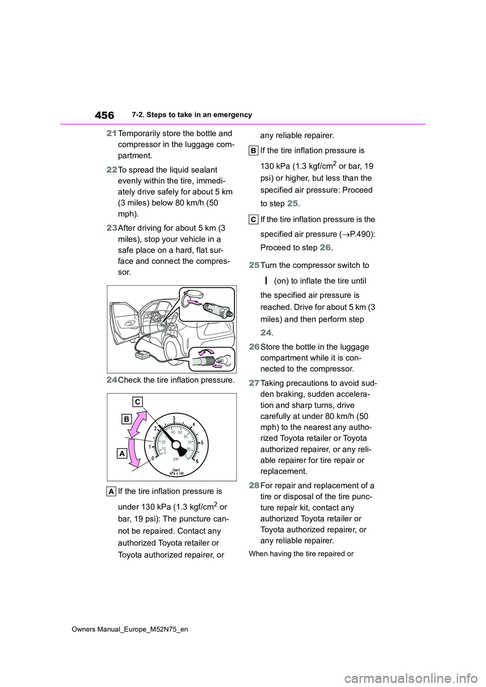 TOYOTA YARIS CROSS 2023 Service Manual 456
Owners Manual_Europe_M52N75_en
7-2. Steps to take in an emergency
21Temporarily store the bottle and  
compressor in the luggage com- 
partment. 
22 To spread the liquid sealant  
evenly within th