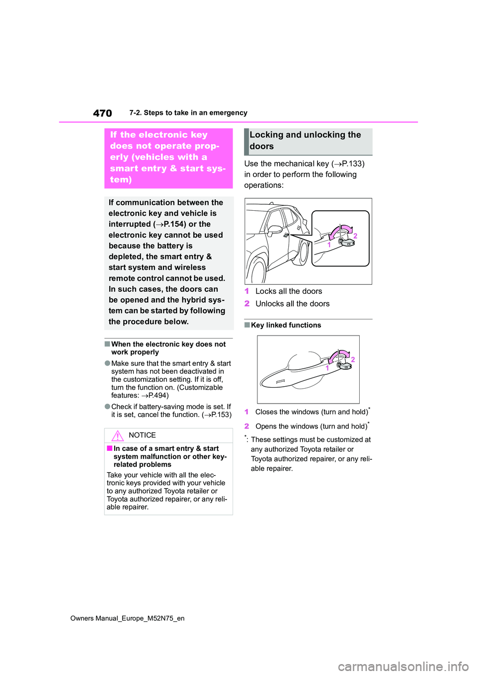 TOYOTA YARIS CROSS 2023 Owners Manual 470
Owners Manual_Europe_M52N75_en
7-2. Steps to take in an emergency
■When the electronic key does not work properly
●Make sure that the smart entry & start system has not been deactivated in
TOYOTA YARIS CROSS 2023 Owners Manual 470
Owners Manual_Europe_M52N75_en
7-2. Steps to take in an emergency
■When the electronic key does not work properly
●Make sure that the smart entry & start system has not been deactivated in