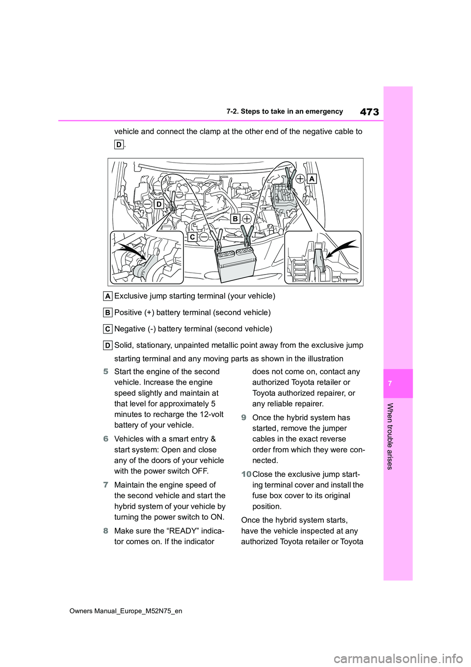 TOYOTA YARIS CROSS 2023  Owners Manual 473
7
Owners Manual_Europe_M52N75_en
7-2. Steps to take in an emergency
When trouble arises
vehicle and connect the clamp at the other end of the negative cable to  
. 
Exclusive jump starting termina