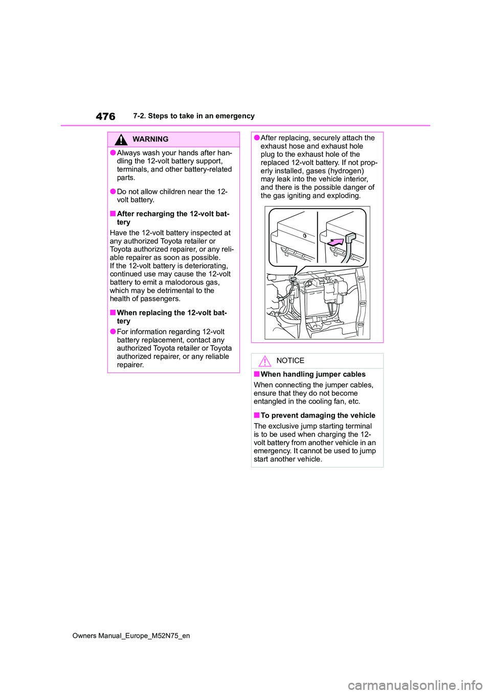 TOYOTA YARIS CROSS 2023 Owners Manual 476
Owners Manual_Europe_M52N75_en
7-2. Steps to take in an emergency
WARNING
●Always wash your hands after han- dling the 12-volt battery support,
terminals, and other battery-related parts.
● TOYOTA YARIS CROSS 2023 Owners Manual 476
Owners Manual_Europe_M52N75_en
7-2. Steps to take in an emergency
WARNING
●Always wash your hands after han- dling the 12-volt battery support,
terminals, and other battery-related parts.
●