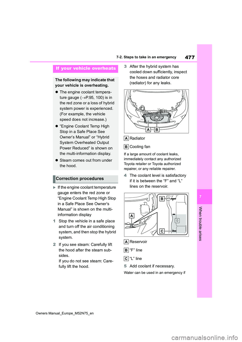 TOYOTA YARIS CROSS 2023 Owners Manual 477
7
Owners Manual_Europe_M52N75_en
7-2. Steps to take in an emergency
When trouble arises
If the engine coolant temperature
gauge enters the red zone or
“Engine Coolant Temp High Stop
in TOYOTA YARIS CROSS 2023 Owners Manual 477
7
Owners Manual_Europe_M52N75_en
7-2. Steps to take in an emergency
When trouble arises
If the engine coolant temperature
gauge enters the red zone or
“Engine Coolant Temp High Stop
in