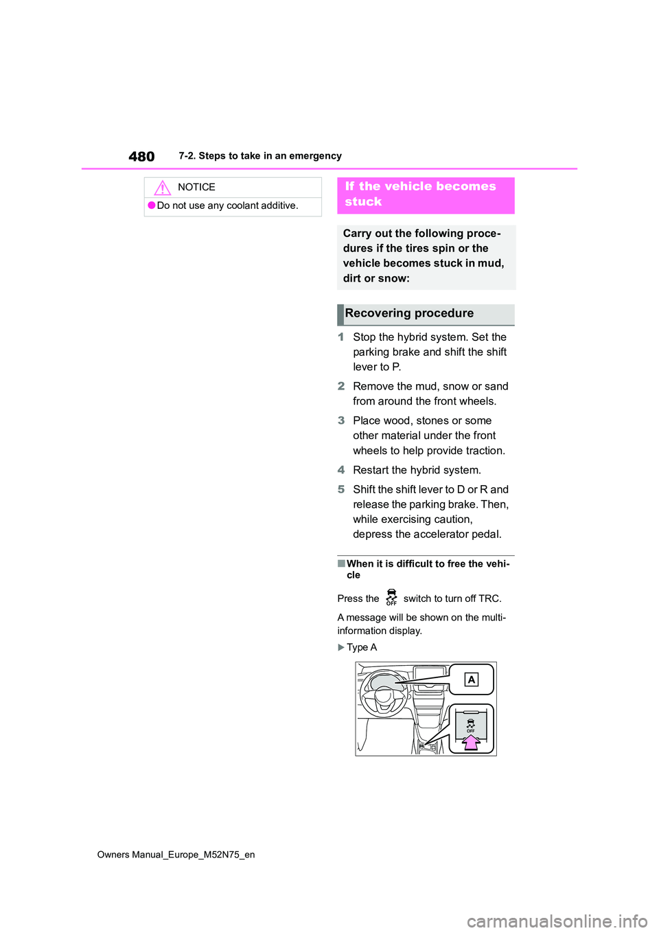 TOYOTA YARIS CROSS 2023 Owners Manual 480
Owners Manual_Europe_M52N75_en
7-2. Steps to take in an emergency
1Stop the hybrid system. Set the
parking brake and shift the shift
lever to P.
2 Remove the mud, snow or sand
from around t TOYOTA YARIS CROSS 2023 Owners Manual 480
Owners Manual_Europe_M52N75_en
7-2. Steps to take in an emergency
1Stop the hybrid system. Set the
parking brake and shift the shift
lever to P.
2 Remove the mud, snow or sand
from around t