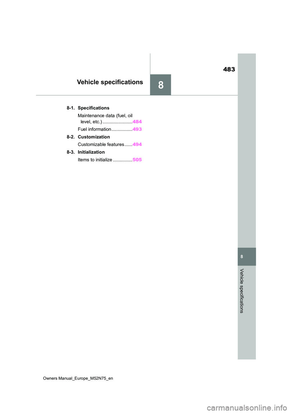 TOYOTA YARIS CROSS 2023 Owners Manual 8
483
Owners Manual_Europe_M52N75_en
8
Vehicle specifications
Vehicle specifications
8-1. Specifications
Maintenance data (fuel, oil
level, etc.) ....................... 484
Fuel information ..... TOYOTA YARIS CROSS 2023 Owners Manual 8
483
Owners Manual_Europe_M52N75_en
8
Vehicle specifications
Vehicle specifications
8-1. Specifications
Maintenance data (fuel, oil
level, etc.) ....................... 484
Fuel information .....