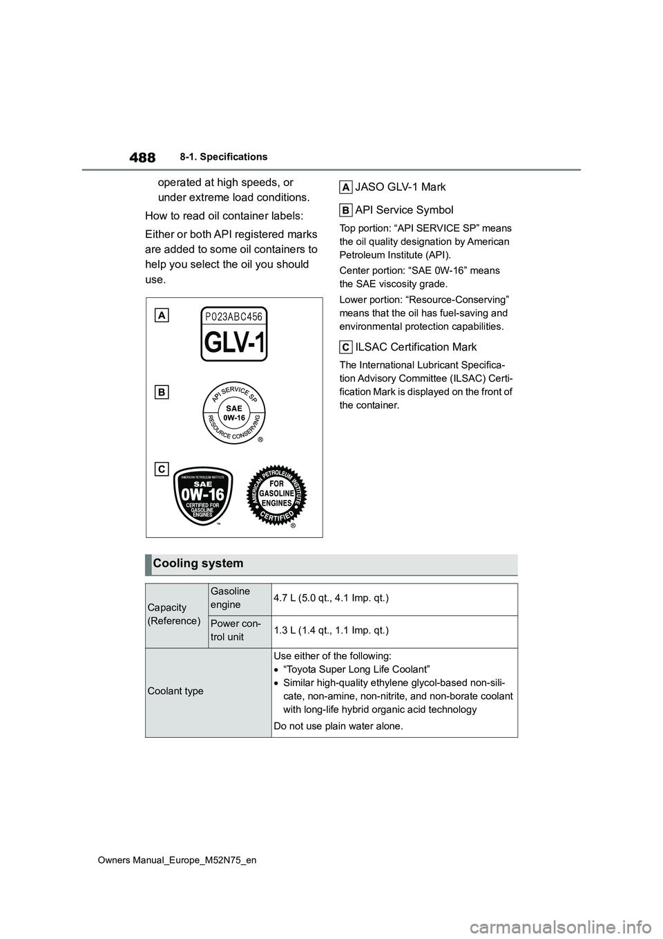 TOYOTA YARIS CROSS 2023  Owners Manual 488
Owners Manual_Europe_M52N75_en
8-1. Specifications
operated at high speeds, or  
under extreme load conditions. 
How to read oil container labels: 
Either or both API registered marks  
are added 