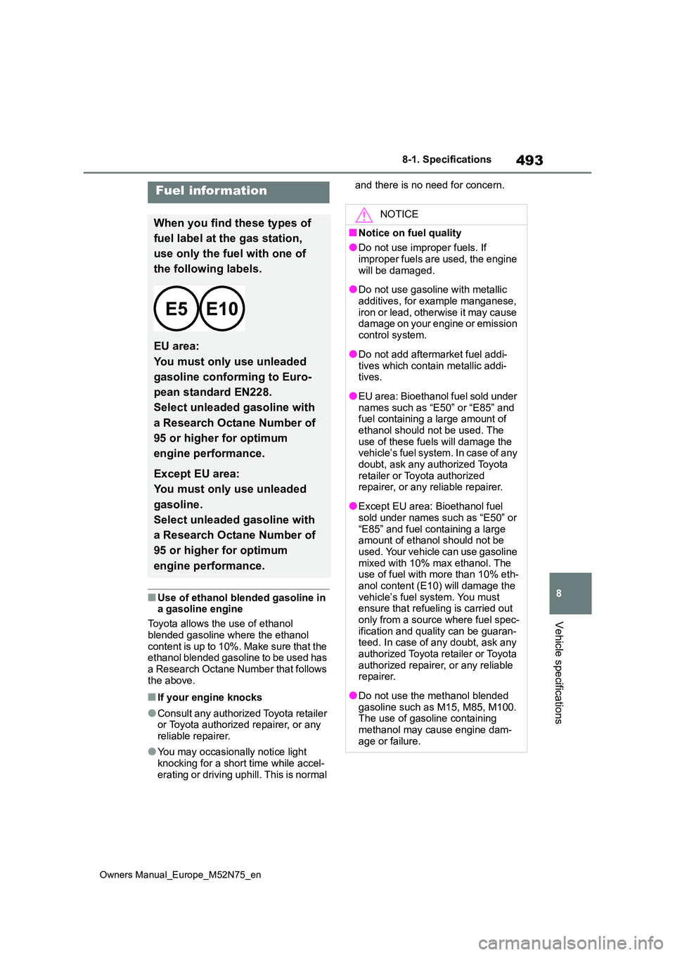 TOYOTA YARIS CROSS 2023 Owners Manual 493
8
Owners Manual_Europe_M52N75_en
8-1. Specifications
Vehicle specifications
■Use of ethanol blended gasoline in a gasoline engine
Toyota allows the use of ethanol
blended gasoline where the TOYOTA YARIS CROSS 2023 Owners Manual 493
8
Owners Manual_Europe_M52N75_en
8-1. Specifications
Vehicle specifications
■Use of ethanol blended gasoline in a gasoline engine
Toyota allows the use of ethanol
blended gasoline where the
