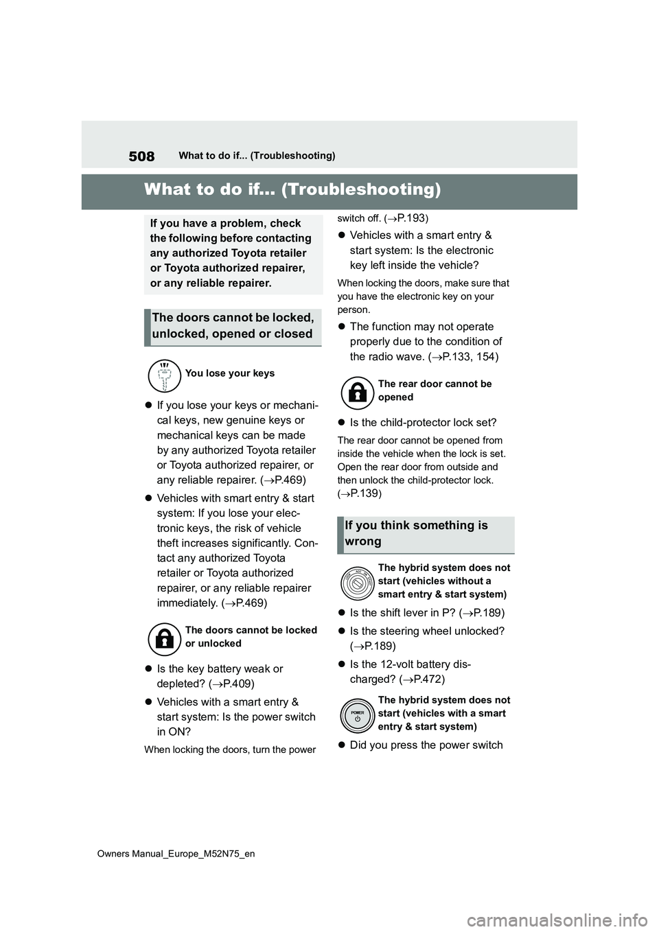 TOYOTA YARIS CROSS 2023 Owners Manual 508
Owners Manual_Europe_M52N75_en
What to do if... (Troubleshooting)
1-1.What to d o if... (Tro ublesho oting)What to do if... (Troubleshooting)
If you lose your keys or mechani-
cal keys, new ge TOYOTA YARIS CROSS 2023 Owners Manual 508
Owners Manual_Europe_M52N75_en
What to do if... (Troubleshooting)
1-1.What to d o if... (Tro ublesho oting)What to do if... (Troubleshooting)
If you lose your keys or mechani-
cal keys, new ge