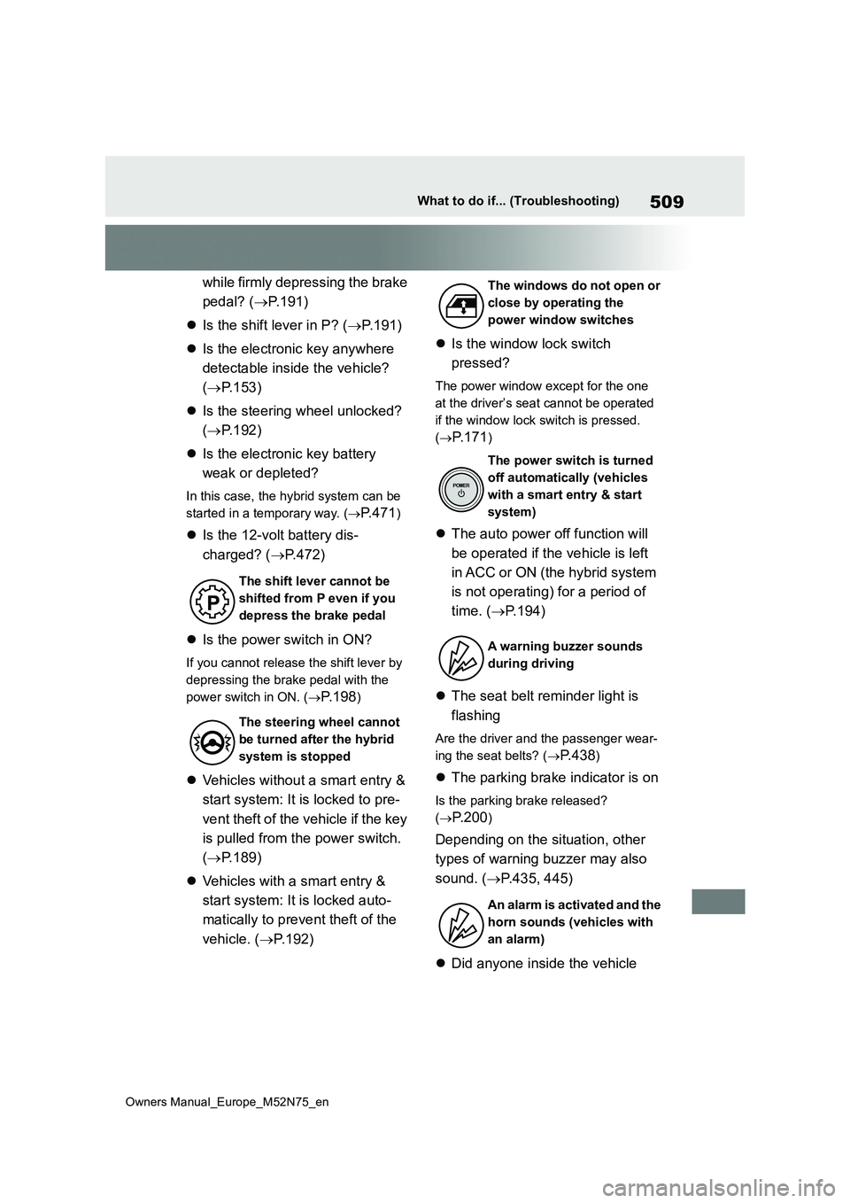 TOYOTA YARIS CROSS 2023 Owners Manual 509
Owners Manual_Europe_M52N75_en
What to do if... (Troubleshooting)
while firmly depressing the brake
pedal? ( P.191)
Is the shift lever in P? (P.191)
Is the electronic key anywher TOYOTA YARIS CROSS 2023 Owners Manual 509
Owners Manual_Europe_M52N75_en
What to do if... (Troubleshooting)
while firmly depressing the brake
pedal? ( P.191)
Is the shift lever in P? (P.191)
Is the electronic key anywher