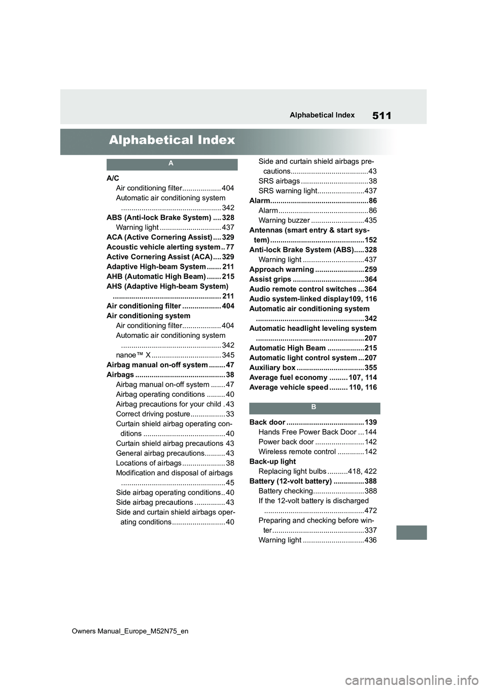 TOYOTA YARIS CROSS 2023 Owners Manual 511
Owners Manual_Europe_M52N75_en
Alphabetical Index
Alphabetical Index
A
A/C
Air conditioning filter................... 404
Automatic air conditioning system
....................................... TOYOTA YARIS CROSS 2023 Owners Manual 511
Owners Manual_Europe_M52N75_en
Alphabetical Index
Alphabetical Index
A
A/C
Air conditioning filter................... 404
Automatic air conditioning system
.......................................