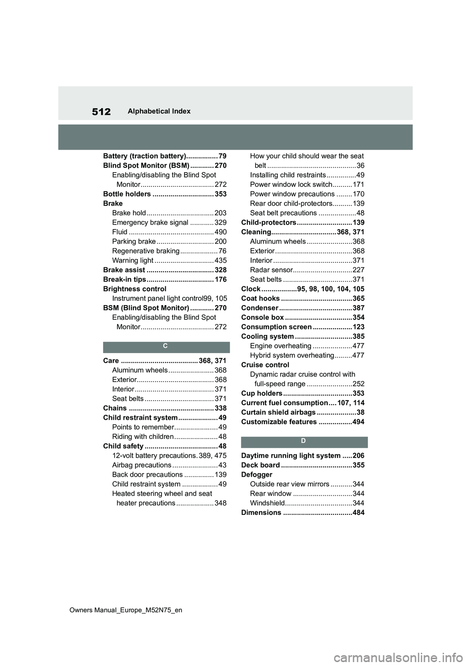 TOYOTA YARIS CROSS 2023  Owners Manual 512
Owners Manual_Europe_M52N75_en
Alphabetical Index 
Battery (traction battery)................ 79 
Blind Spot Monitor (BSM) ............ 270
Enabling/disabling the Blind Spot 
Monitor..............