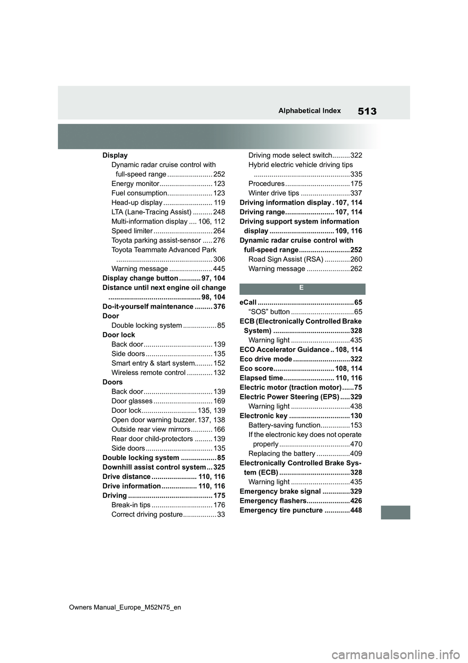 TOYOTA YARIS CROSS 2023  Owners Manual 513
Owners Manual_Europe_M52N75_en
Alphabetical Index
Display 
Dynamic radar cruise control with 
full-speed range ....................... 252
Energy monitor........................... 123
Fuel consum