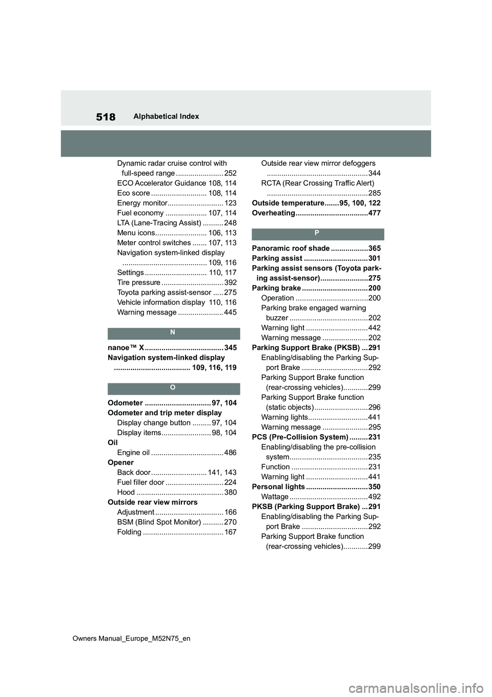 TOYOTA YARIS CROSS 2023  Owners Manual 518
Owners Manual_Europe_M52N75_en
Alphabetical Index 
Dynamic radar cruise control with  
full-speed range ....................... 252
ECO Accelerator Guidance 108, 114
Eco score ....................