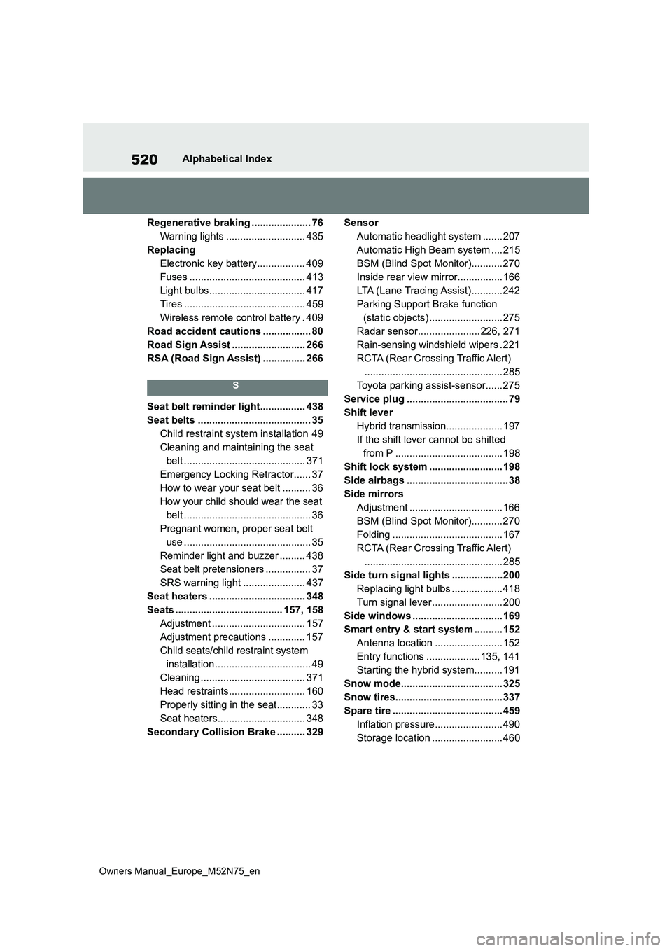 TOYOTA YARIS CROSS 2023  Owners Manual 520
Owners Manual_Europe_M52N75_en
Alphabetical Index 
Regenerative braking ..................... 76 
Warning lights ............................ 435
Replacing
Electronic key battery................. 