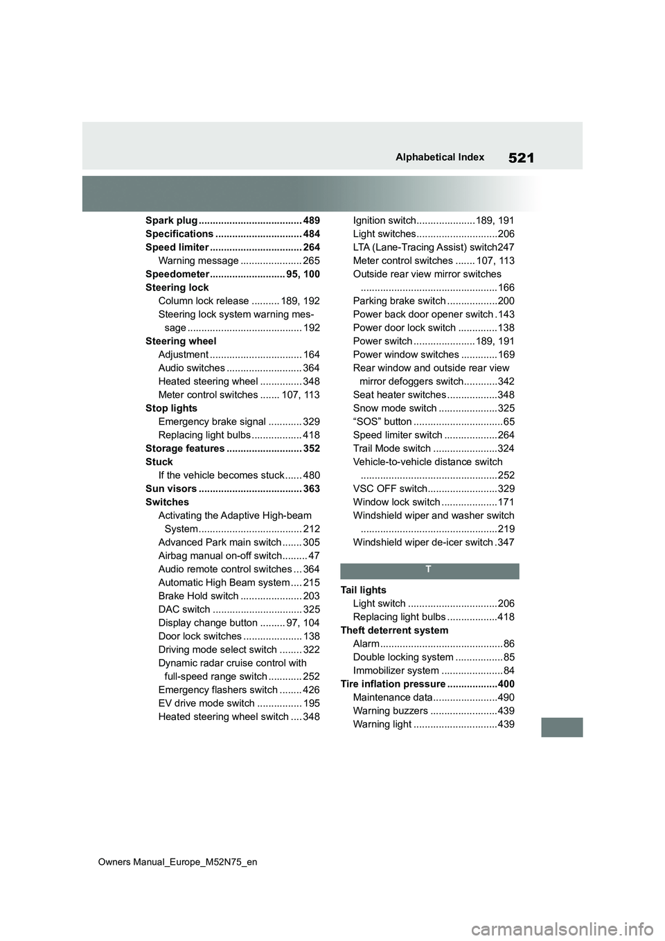 TOYOTA YARIS CROSS 2023 Owners Manual 521
Owners Manual_Europe_M52N75_en
Alphabetical Index
Spark plug ..................................... 489
Specifications ............................... 484
Speed limiter ........................... TOYOTA YARIS CROSS 2023 Owners Manual 521
Owners Manual_Europe_M52N75_en
Alphabetical Index
Spark plug ..................................... 489
Specifications ............................... 484
Speed limiter ...........................