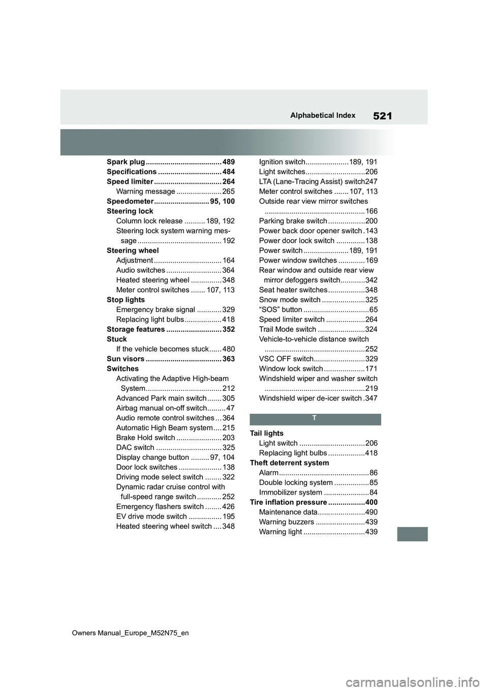 TOYOTA YARIS CROSS 2023  Owners Manual 521
Owners Manual_Europe_M52N75_en
Alphabetical Index
Spark plug ..................................... 489 
Specifications ............................... 484
Speed limiter ...........................