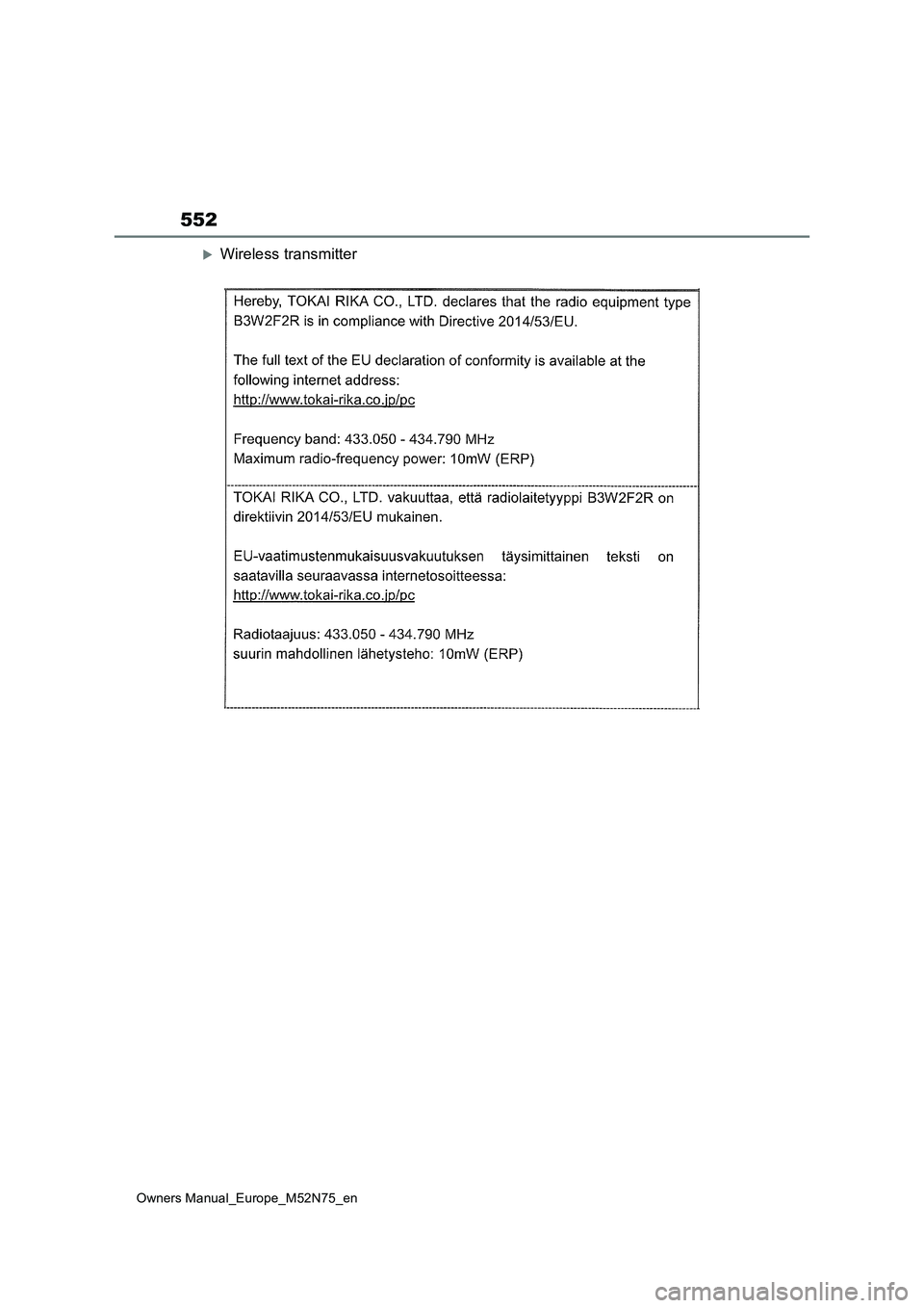 TOYOTA YARIS CROSS 2023 Owners Manual 552
Owners Manual_Europe_M52N75_en
Wireless transmitter TOYOTA YARIS CROSS 2023 Owners Manual 552
Owners Manual_Europe_M52N75_en
Wireless transmitter