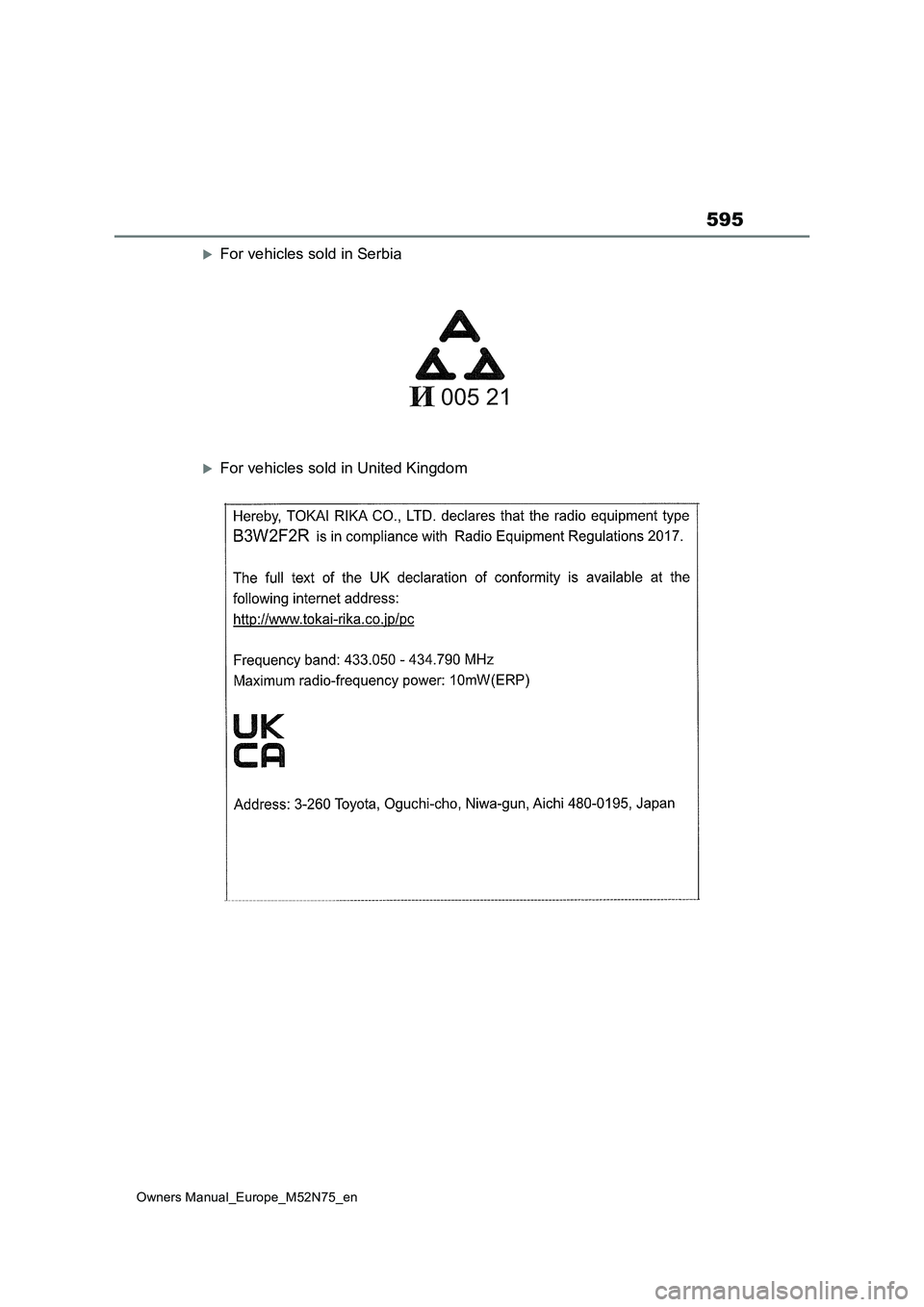 TOYOTA YARIS CROSS 2023 Owners Manual 595
Owners Manual_Europe_M52N75_en
For vehicles sold in Serbia
For vehicles sold in United Kingdom TOYOTA YARIS CROSS 2023 Owners Manual 595
Owners Manual_Europe_M52N75_en
For vehicles sold in Serbia
For vehicles sold in United Kingdom