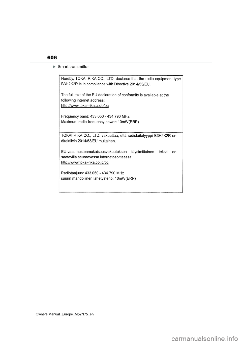 TOYOTA YARIS CROSS 2023 Owners Manual 606
Owners Manual_Europe_M52N75_en
Smart transmitter TOYOTA YARIS CROSS 2023 Owners Manual 606
Owners Manual_Europe_M52N75_en
Smart transmitter