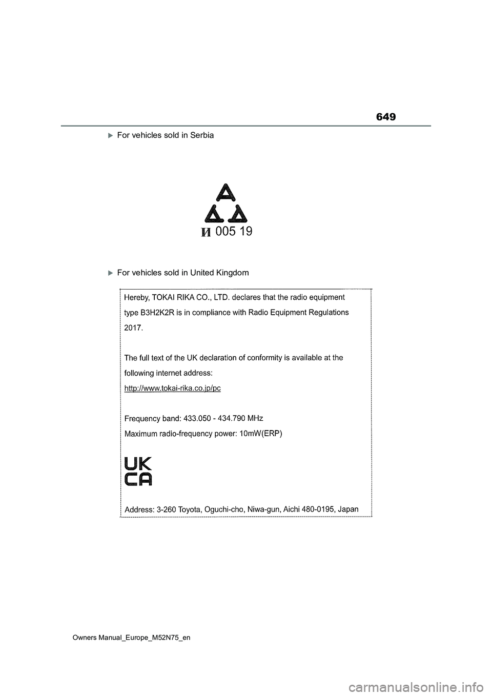 TOYOTA YARIS CROSS 2023 Owners Manual 649
Owners Manual_Europe_M52N75_en
For vehicles sold in Serbia
For vehicles sold in United Kingdom TOYOTA YARIS CROSS 2023 Owners Manual 649
Owners Manual_Europe_M52N75_en
For vehicles sold in Serbia
For vehicles sold in United Kingdom