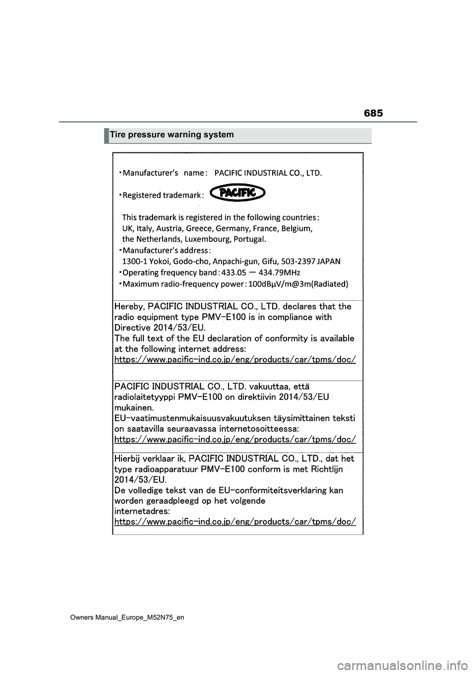 TOYOTA YARIS CROSS 2023 Owners Manual 685
Owners Manual_Europe_M52N75_en
Tire pressure warning system TOYOTA YARIS CROSS 2023 Owners Manual 685
Owners Manual_Europe_M52N75_en
Tire pressure warning system