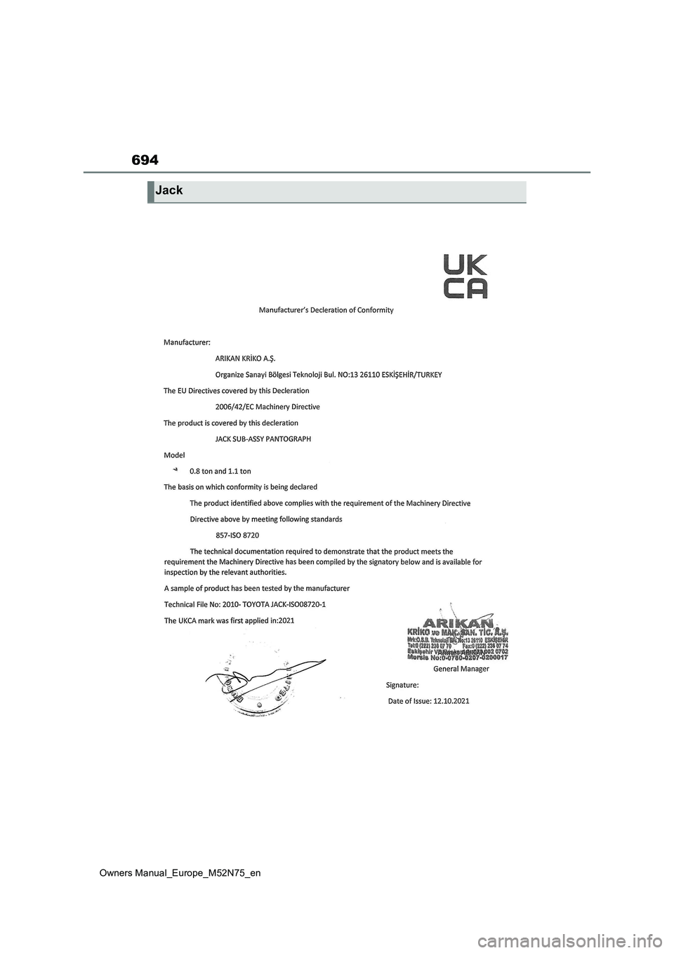TOYOTA YARIS CROSS 2023  Owners Manual 694
Owners Manual_Europe_M52N75_en
Jack 
