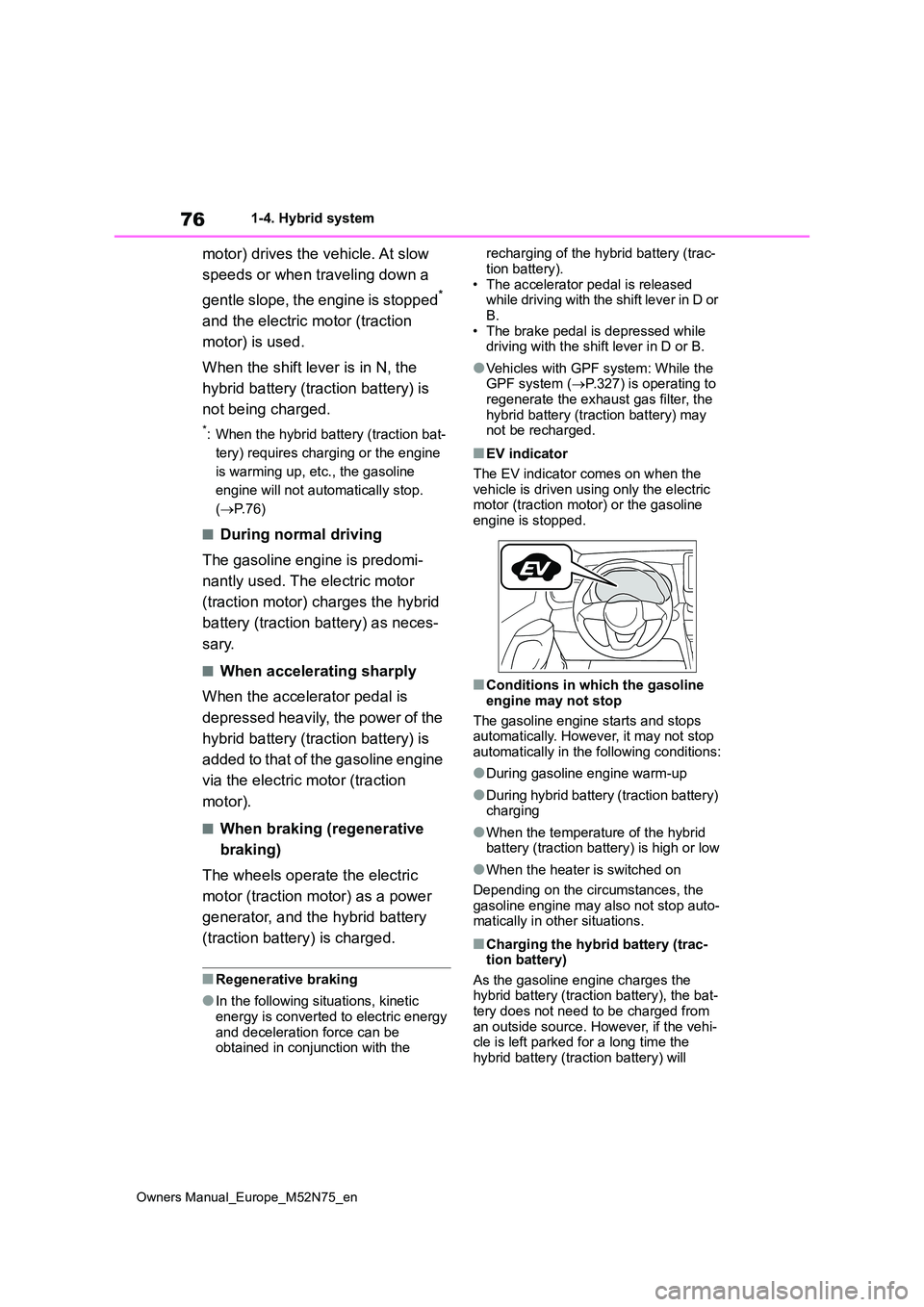 TOYOTA YARIS CROSS 2023 Manual PDF 76
Owners Manual_Europe_M52N75_en
1-4. Hybrid system
motor) drives the vehicle. At slow  
speeds or when traveling down a  
gentle slope, the engine is stopped*  
and the electric motor (traction  
mo