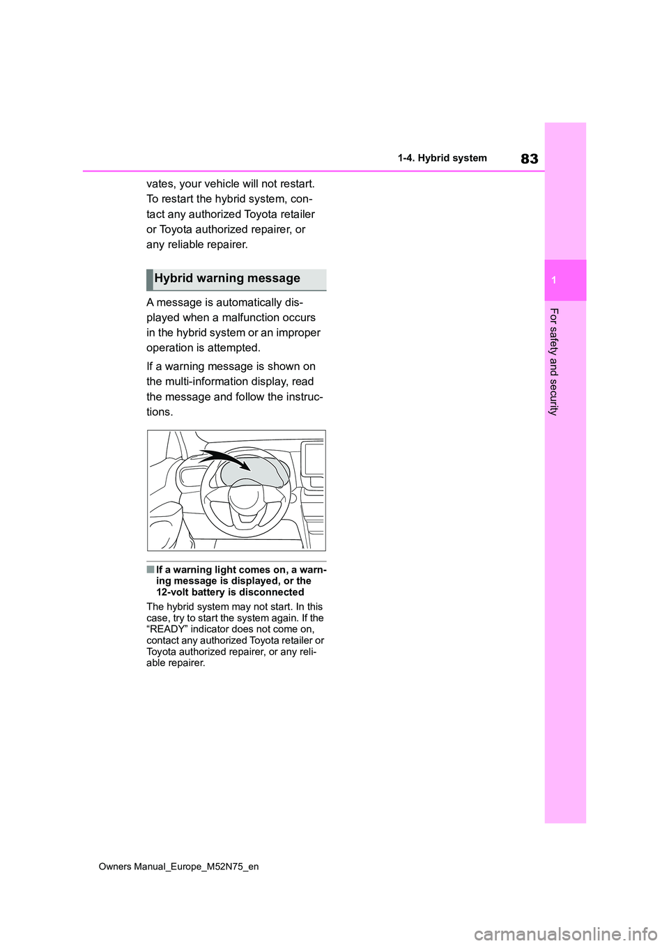TOYOTA YARIS CROSS 2023 Manual Online 83
1
Owners Manual_Europe_M52N75_en
1-4. Hybrid system
For safety and security
vates, your vehicle will not restart.
To restart the hybrid system, con-
tact any authorized Toyota retailer
or Toyo TOYOTA YARIS CROSS 2023 Manual Online 83
1
Owners Manual_Europe_M52N75_en
1-4. Hybrid system
For safety and security
vates, your vehicle will not restart.
To restart the hybrid system, con-
tact any authorized Toyota retailer
or Toyo
