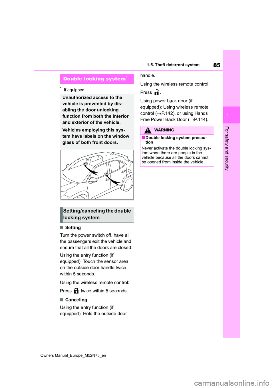 TOYOTA YARIS CROSS 2023 Owners Manual 85
1
Owners Manual_Europe_M52N75_en
1-5. Theft deterrent system
For safety and security
*: If equipped
■Setting
Turn the power switch off, have all
the passengers exit the vehicle and
ensure th TOYOTA YARIS CROSS 2023 Owners Manual 85
1
Owners Manual_Europe_M52N75_en
1-5. Theft deterrent system
For safety and security
*: If equipped
■Setting
Turn the power switch off, have all
the passengers exit the vehicle and
ensure th