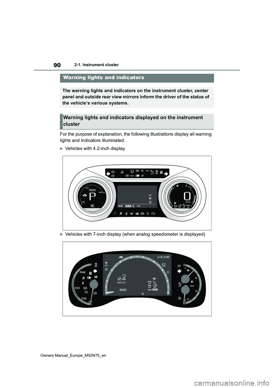 TOYOTA YARIS CROSS 2023 Owners Manual 90
Owners Manual_Europe_M52N75_en
2-1. Instrument cluster
2-1.In strument clu ste r
For the purpose of explanation, the following illustrations display all warning
lights and indicators illuminated. TOYOTA YARIS CROSS 2023 Owners Manual 90
Owners Manual_Europe_M52N75_en
2-1. Instrument cluster
2-1.In strument clu ste r
For the purpose of explanation, the following illustrations display all warning
lights and indicators illuminated.