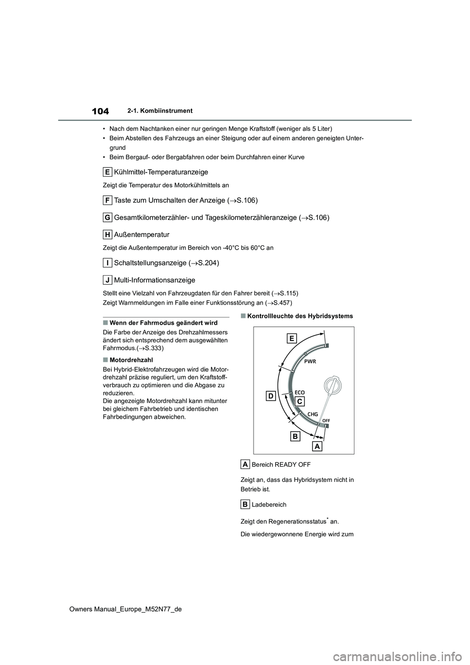 TOYOTA YARIS CROSS 2023 Betriebsanleitungen (in German) 104
Owners Manual_Europe_M52N77_de
2-1. Kombiinstrument
• Nach dem Nachtanken einer nur geringen Menge Kraftstoff (wenig er als 5 Liter)
• Beim Abstellen des Fahrzeugs an einer Steigung oder auf TOYOTA YARIS CROSS 2023 Betriebsanleitungen (in German) 104
Owners Manual_Europe_M52N77_de
2-1. Kombiinstrument
• Nach dem Nachtanken einer nur geringen Menge Kraftstoff (wenig er als 5 Liter)
• Beim Abstellen des Fahrzeugs an einer Steigung oder auf