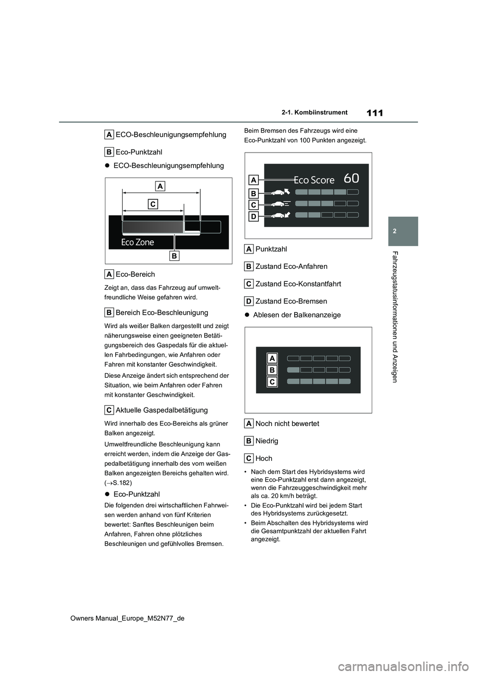 TOYOTA YARIS CROSS 2023 Betriebsanleitungen (in German) 111
2
Owners Manual_Europe_M52N77_de
2-1. Kombiinstrument
Fahrzeugstatusinformationen und Anzeigen
ECO-Beschleunigungsempfehlung
Eco-Punktzahl
ECO-Beschleunigungsempfehlung
Eco-Bereich
Zeigt an TOYOTA YARIS CROSS 2023 Betriebsanleitungen (in German) 111
2
Owners Manual_Europe_M52N77_de
2-1. Kombiinstrument
Fahrzeugstatusinformationen und Anzeigen
ECO-Beschleunigungsempfehlung
Eco-Punktzahl
ECO-Beschleunigungsempfehlung
Eco-Bereich
Zeigt an
