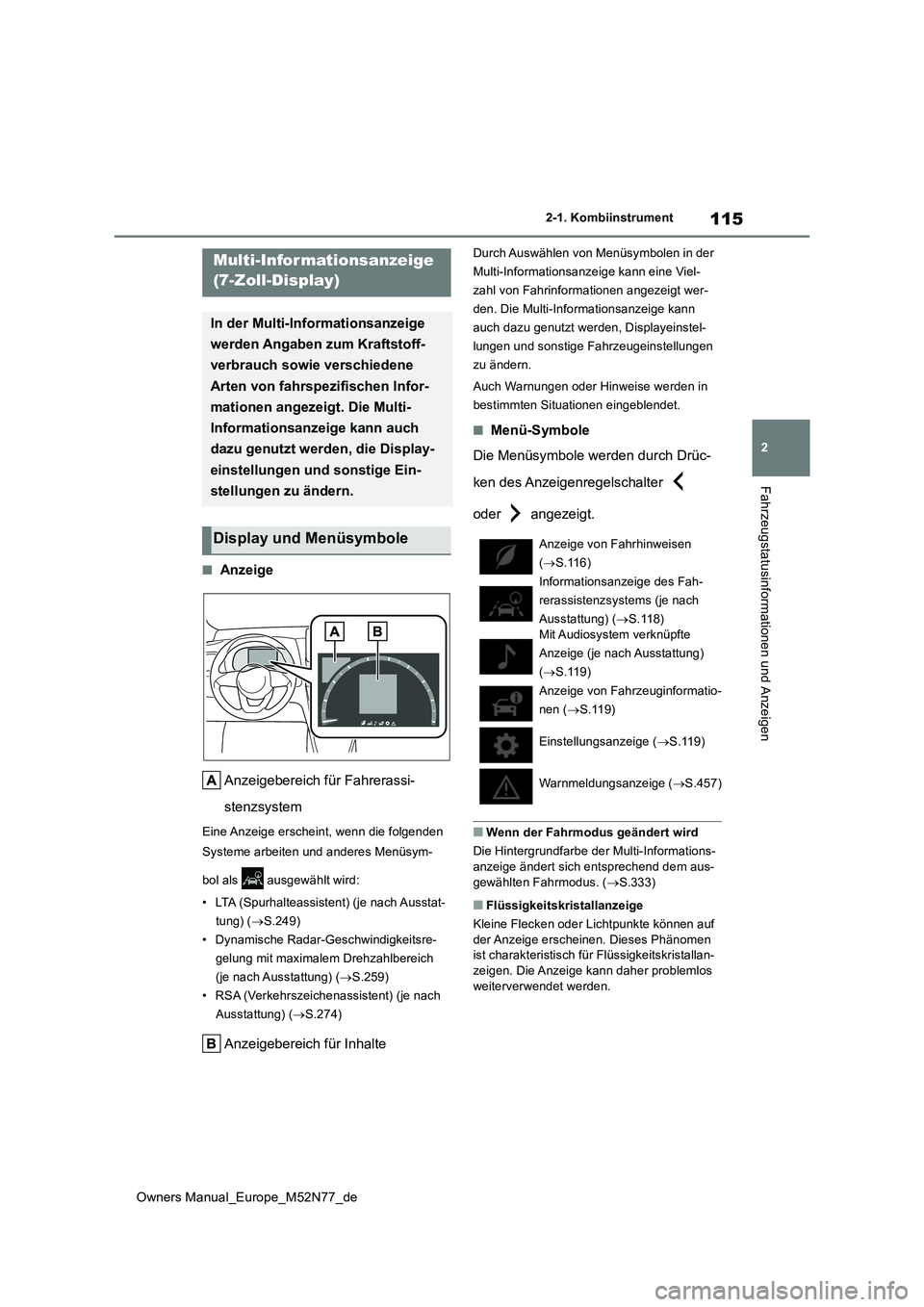 TOYOTA YARIS CROSS 2023 Betriebsanleitungen (in German) 115
2
Owners Manual_Europe_M52N77_de
2-1. Kombiinstrument
Fahrzeugstatusinformationen und Anzeigen
■Anzeige
Anzeigebereich für Fahrerassi-
stenzsystem
Eine Anzeige erscheint, wenn die folgenden TOYOTA YARIS CROSS 2023 Betriebsanleitungen (in German) 115
2
Owners Manual_Europe_M52N77_de
2-1. Kombiinstrument
Fahrzeugstatusinformationen und Anzeigen
■Anzeige
Anzeigebereich für Fahrerassi-
stenzsystem
Eine Anzeige erscheint, wenn die folgenden