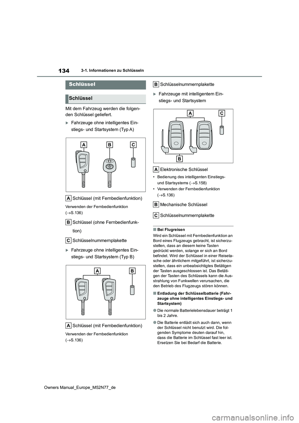 TOYOTA YARIS CROSS 2023 Betriebsanleitungen (in German) 134
Owners Manual_Europe_M52N77_de
3-1. Informationen zu Schlüsseln
3-1.In formatione n z u Schlüss eln
Mit dem Fahrzeug werden die folgen-
den Schlüssel geliefert.
Fahrzeuge ohne intelligentes TOYOTA YARIS CROSS 2023 Betriebsanleitungen (in German) 134
Owners Manual_Europe_M52N77_de
3-1. Informationen zu Schlüsseln
3-1.In formatione n z u Schlüss eln
Mit dem Fahrzeug werden die folgen-
den Schlüssel geliefert.
Fahrzeuge ohne intelligentes