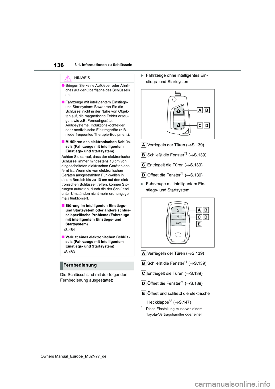 TOYOTA YARIS CROSS 2023 Betriebsanleitungen (in German) 136
Owners Manual_Europe_M52N77_de
3-1. Informationen zu Schlüsseln
Die Schlüssel sind mit der folgenden
Fernbedienung ausgestattet:
Fahrzeuge ohne intelligentes Ein-
stiegs- und Startsystem
TOYOTA YARIS CROSS 2023 Betriebsanleitungen (in German) 136
Owners Manual_Europe_M52N77_de
3-1. Informationen zu Schlüsseln
Die Schlüssel sind mit der folgenden
Fernbedienung ausgestattet:
Fahrzeuge ohne intelligentes Ein-
stiegs- und Startsystem
