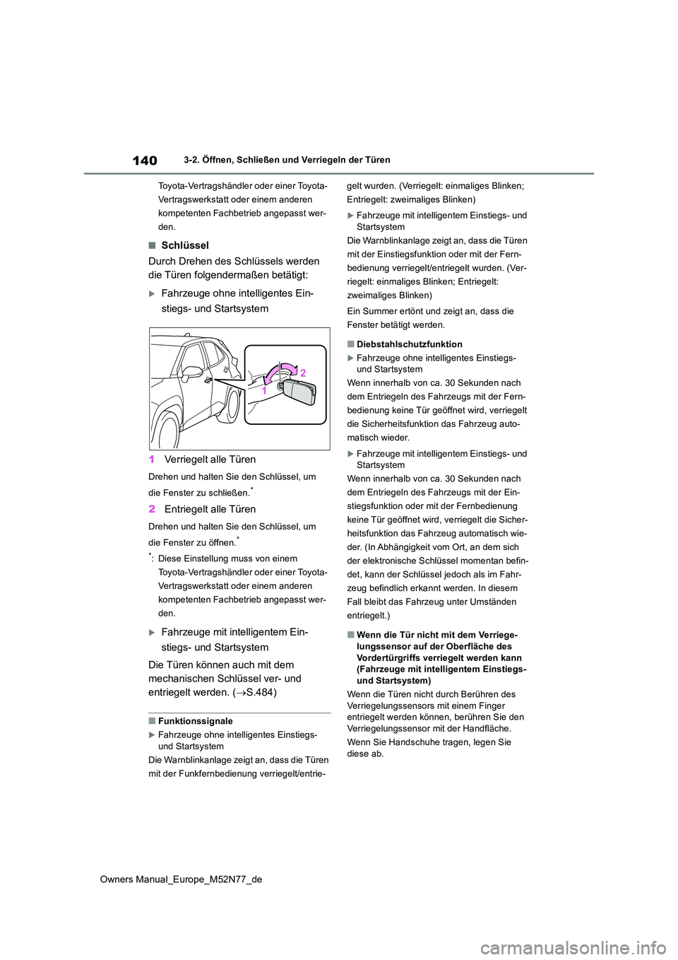 TOYOTA YARIS CROSS 2023 Betriebsanleitungen (in German) 140
Owners Manual_Europe_M52N77_de
3-2. Öffnen, Schließen und Verriegeln der Türen
Toyota-Vertragshändler oder einer Toyota-
Vertragswerkstatt oder einem anderen
kompetenten Fachbetrieb angepas TOYOTA YARIS CROSS 2023 Betriebsanleitungen (in German) 140
Owners Manual_Europe_M52N77_de
3-2. Öffnen, Schließen und Verriegeln der Türen
Toyota-Vertragshändler oder einer Toyota-
Vertragswerkstatt oder einem anderen
kompetenten Fachbetrieb angepas