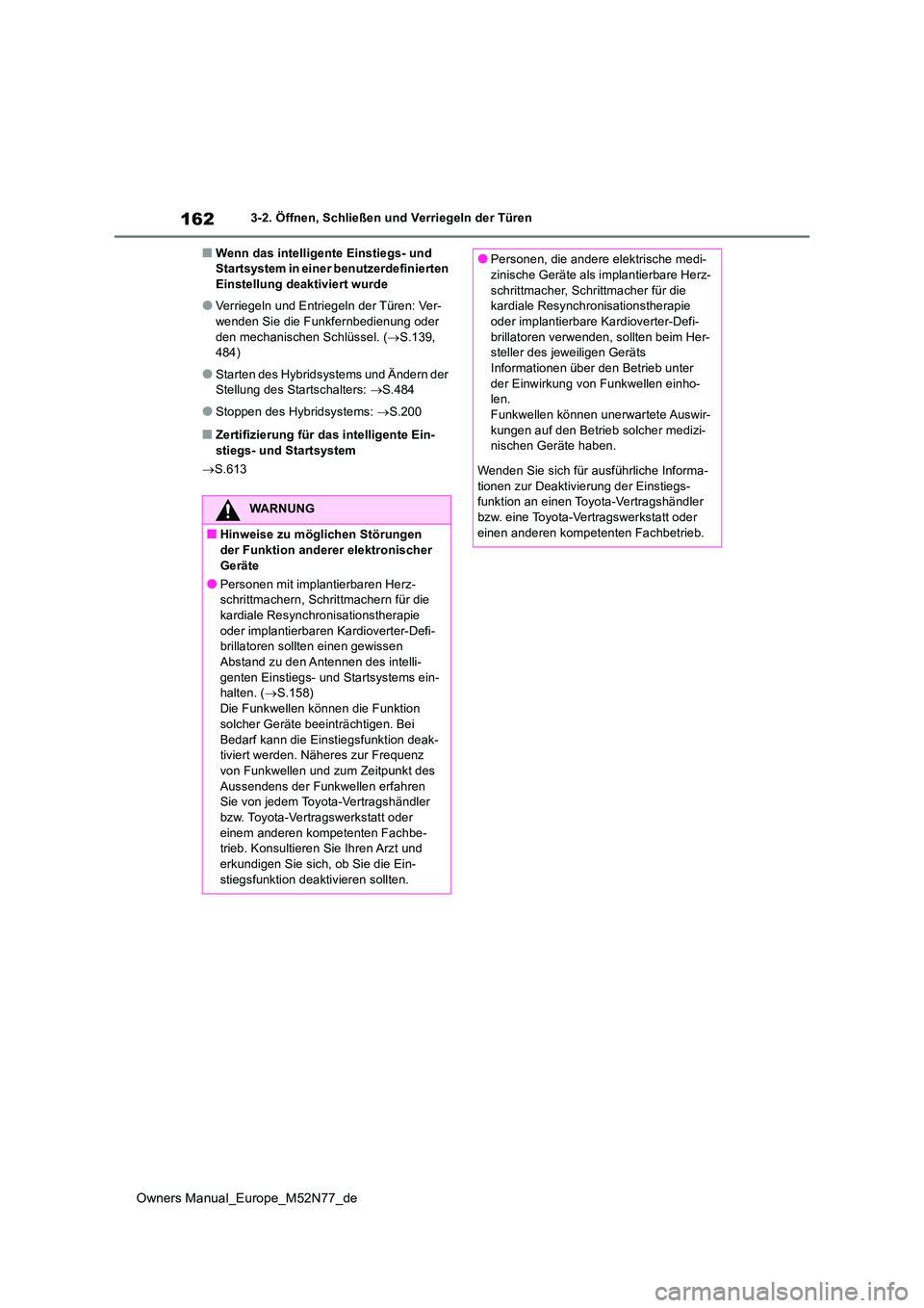 TOYOTA YARIS CROSS 2023 Betriebsanleitungen (in German) 162
Owners Manual_Europe_M52N77_de
3-2. Öffnen, Schließen und Verriegeln der Türen
■Wenn das intelligente Einstiegs- und Startsystem in einer benutzerdefinierten Einstellung deaktiviert wurde
TOYOTA YARIS CROSS 2023 Betriebsanleitungen (in German) 162
Owners Manual_Europe_M52N77_de
3-2. Öffnen, Schließen und Verriegeln der Türen
■Wenn das intelligente Einstiegs- und Startsystem in einer benutzerdefinierten Einstellung deaktiviert wurde