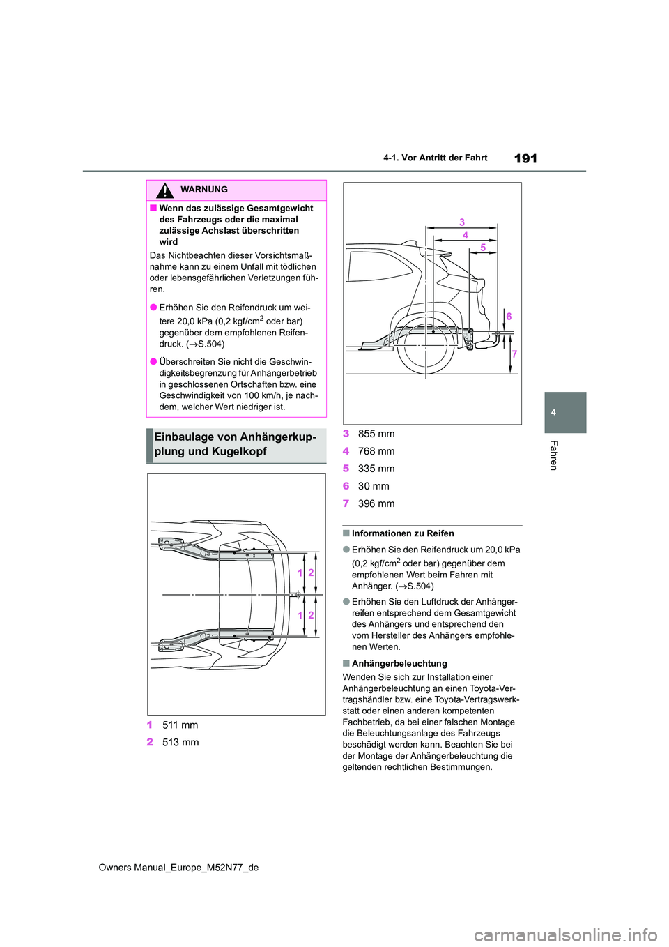 TOYOTA YARIS CROSS 2023 Betriebsanleitungen (in German) 191
4
Owners Manual_Europe_M52N77_de
4-1. Vor Antritt der Fahrt
Fahren
1511 mm
2 513 mm
3 855 mm
4 768 mm
5 335 mm
6 30 mm
7 396 mm
■Informationen zu Reifen
●Erhöhen Sie den Reifendruck um TOYOTA YARIS CROSS 2023 Betriebsanleitungen (in German) 191
4
Owners Manual_Europe_M52N77_de
4-1. Vor Antritt der Fahrt
Fahren
1511 mm
2 513 mm
3 855 mm
4 768 mm
5 335 mm
6 30 mm
7 396 mm
■Informationen zu Reifen
●Erhöhen Sie den Reifendruck um